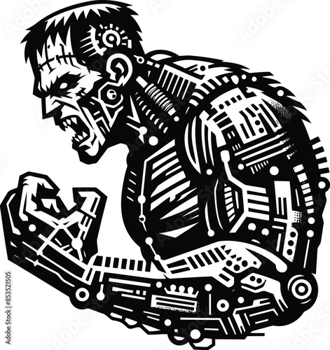 frankenstein silhouete with cyberpunk pattern illustration