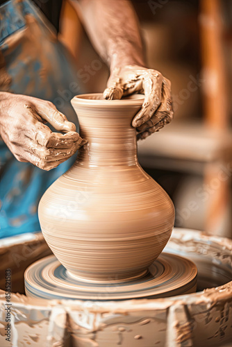 Artisan carefully shaping a ceramic vase on a pottery wheel, demonstrating the art of pottery making photo