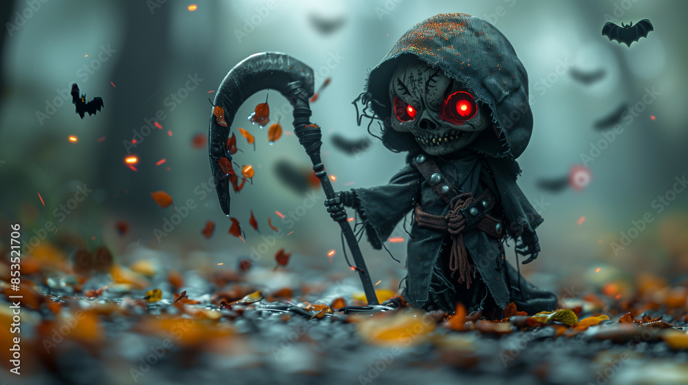 Adorable Halloween Grim Reaper with glowing eyes and a scythe, surrounded by bats and autumn leaves. Adorable Halloween Grim Reaper with glowing eyes and a scythe, surrounded by bats and autumn leaves.