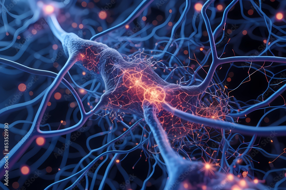 microscopic view of nerve cells and structures, highlighting the intricate networks and components of the nervous system. medical and healthcare illustration ideal for pharmaceutical promotion microscopic view of nerve cells and structures, highlighting the intricate networks and components of the nervous system. medical and healthcare illustration ideal for pharmaceutical promotion
