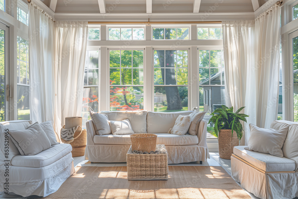 Fototapeta premium Airy Sunroom with Minimalist Design Featuring Simple Decorative Objects, Muted Earth Tones, and Gentle Evening Light Creating a Calming Atmosphere Enhanced by Sheer Fabrics.