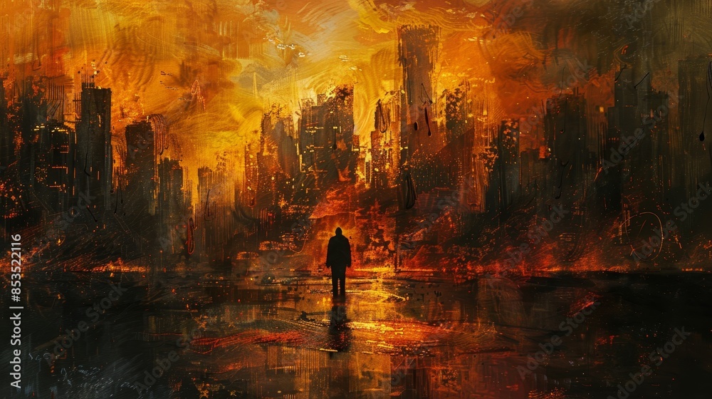Burning city, solitary dark silhouette before it, depicted in an expressive painterly style, dramatic and vivid portrayal Burning city, solitary dark silhouette before it, depicted in an expressive painterly style, dramatic and vivid portrayal