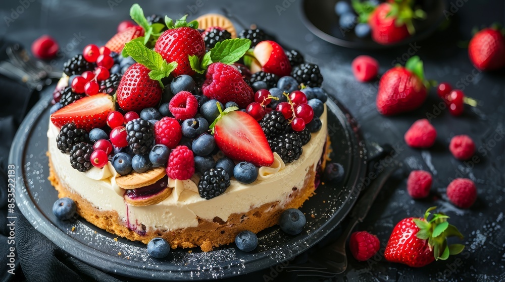 Chess cake featuring fresh berries and cookies, top view, selective focus, rich and delicious baked cheesecake, visually stunning Chess cake featuring fresh berries and cookies, top view, selective focus, rich and delicious baked cheesecake, visually stunning