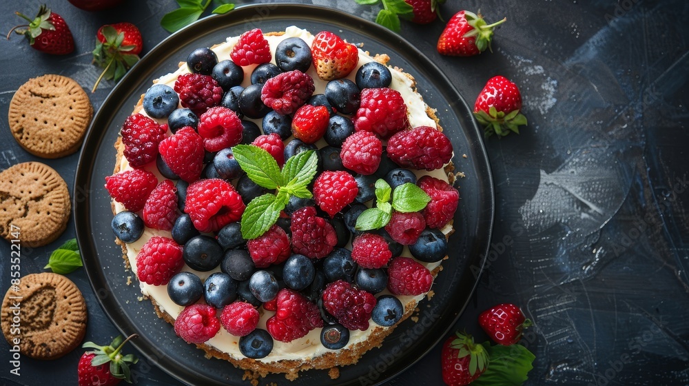 Chess cake featuring fresh berries and cookies, top view, selective focus, rich and delicious baked cheesecake, visually stunning