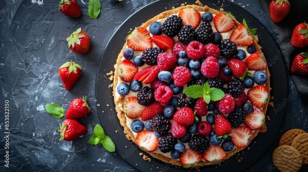 Chess cake featuring fresh berries and cookies, top view, selective focus, rich and delicious baked cheesecake, visually stunning Chess cake featuring fresh berries and cookies, top view, selective focus, rich and delicious baked cheesecake, visually stunning
