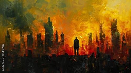 City consumed by fire, solitary silhouette standing before it, depicted with expressive brush strokes, raw and intense emotions photo