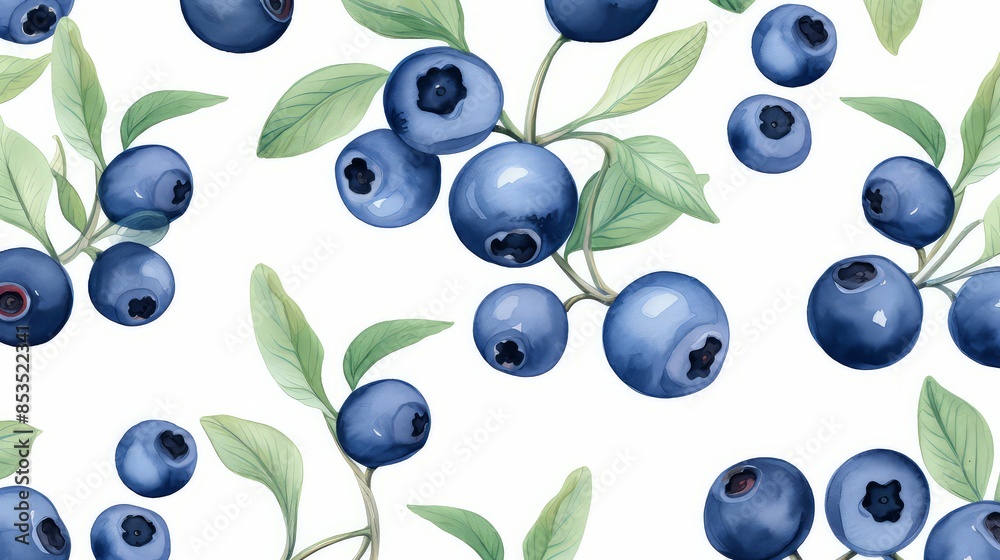 Watercolor illustration of blueberries with leaves isolated on white background, seamless pattern for gift box, wallpaper, background, web sites, textiles, textures, greeting card, wedding invitation.