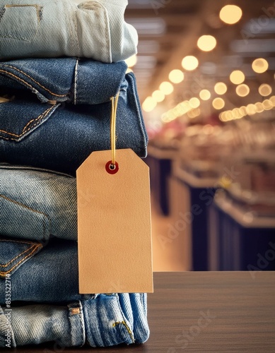 Stack of jean pants with tag / label for shopping or packages concept; store background