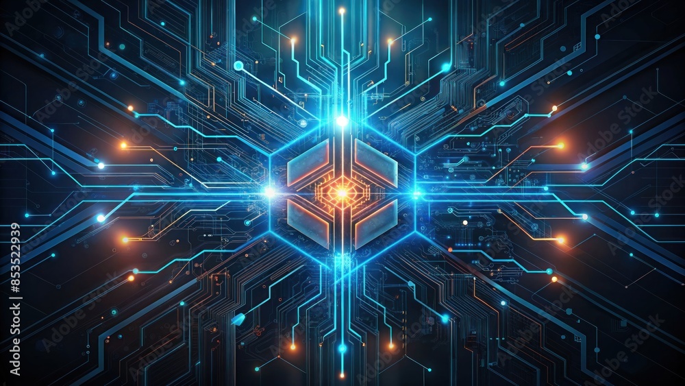 Obraz premium An abstract design of a digital circuit board with glowing lines and nodes.