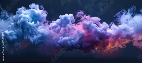 3d smoke cloud illustration light blue and purple ink on black background. Generative AI. © visoot