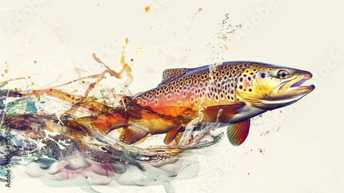Dynamic colorful trout leaping out of water with a splash, dynamic angle, double exposure style blending nature and art