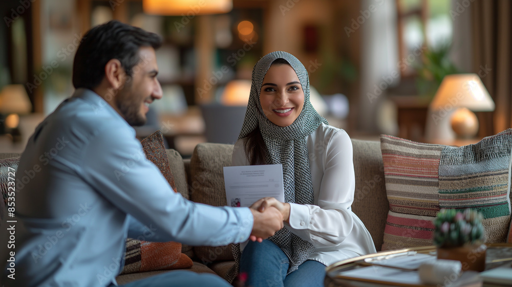 Hijabi Businesswoman and Businessman Sealing a Deal with a Handshake Over Paperwork Hijabi Businesswoman and Businessman Sealing a Deal with a Handshake Over Paperwork