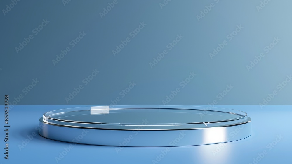 Futuristic 3D platform, circular glass podium with silver trim, gradient blue background, clean and modern aesthetic Futuristic 3D platform, circular glass podium with silver trim, gradient blue background, clean and modern aesthetic