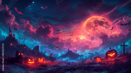 A vibrant Halloween scene featuring a full moon, bats, pumpkin, a ghost, and a haunted castle under a colorful sky.