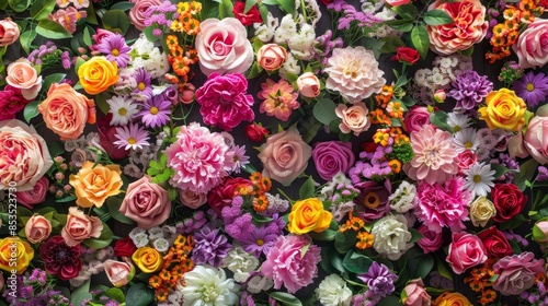 Fresh blooming flowers on the wall, bright roses, carnations, orchids, colorful group pattern, vibrant and intricate design