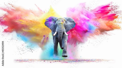 African elephant head with colorful splashes on white background and hand drawn watercolor illustration