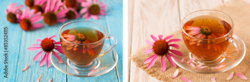 Cup of echinacea tea on blue wooden table