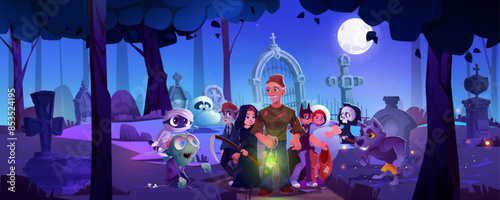 Kid boys in Halloween costumes and male cemetery keeper with magic green light lamp standing on graveyard with tombstones and cross surrounded by scary zombie, ghosts and werewolf. Cartoon vector.