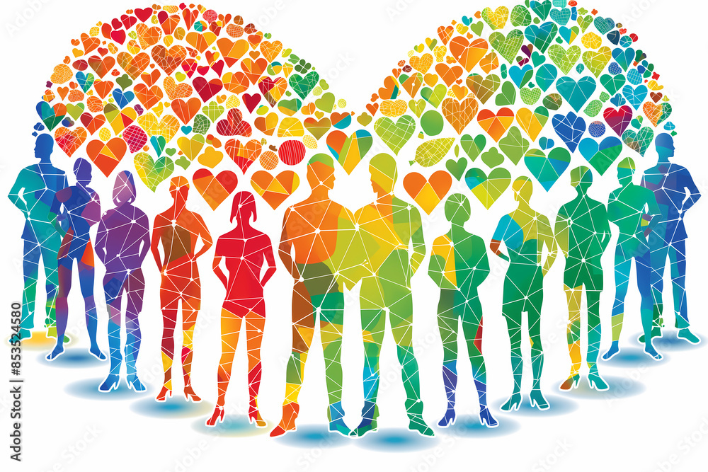 Obraz premium An abstract illustration of a diverse group of people connected by colorful hearts, symbolizing community, unity, and love. The vibrant graphic highlights teamwork, inclusion, and social connection.
