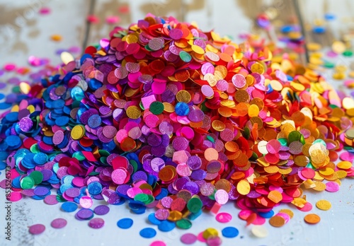 A pile of rainbow confetti on a white table