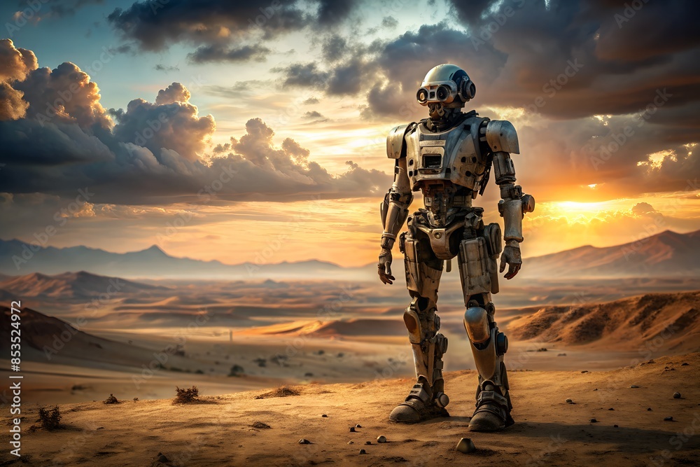 Futuristic Robot Standing in a Desert During a Dramatic Sunset Futuristic Robot Standing in a Desert During a Dramatic Sunset