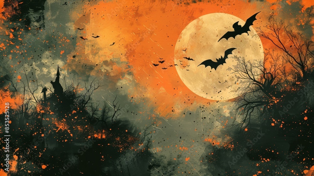 Halloween night scene, witches flying over a full moon, orange and black color palette, spooky and detailed illustration Halloween night scene, witches flying over a full moon, orange and black color palette, spooky and detailed illustration