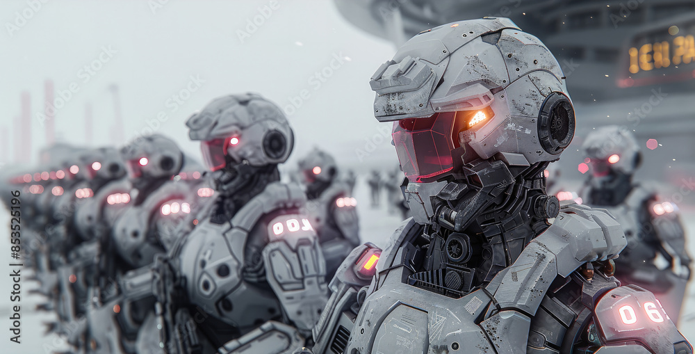 Fototapeta premium A group of soldiers wearing high-tech exoskeleton armor. Generative AI.