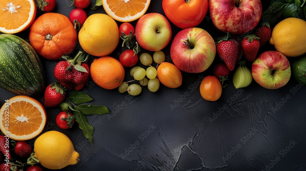 Fresh fruit and vegetable, top view, free space for text, in dark background. Generative AI. Fresh fruit and vegetable, top view, free space for text, in dark background. Generative AI.
