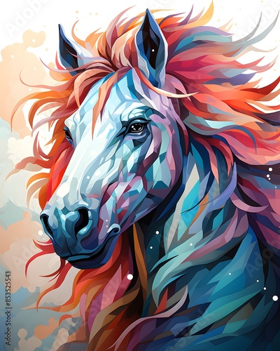 Horse head art made from small multi-colored geometric shapes. Many pictures lined up beautifully. Suitable for interior decoration, designing patterns on various products, making postcards, calendar. © Chanawat
