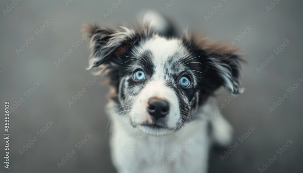 Adorable blue-eyed puppy with a black and white coat staring at the camera. Perfect for pet lovers, dog-themed materials, or cute animal content. Adorable blue-eyed puppy with a black and white coat staring at the camera. Perfect for pet lovers, dog-themed materials, or cute animal content.