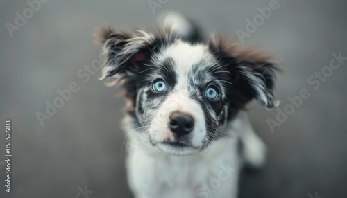 Adorable blue-eyed puppy with a black and white coat staring at the camera. Perfect for pet lovers, dog-themed materials, or cute animal content. © narak0rn
