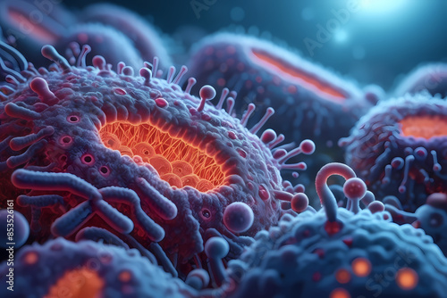 detailed microscopic view of cells, ideal for illustrating viruses and bacteria. This medical and healthcare illustration is perfect for pharmaceutical and medical device marketing