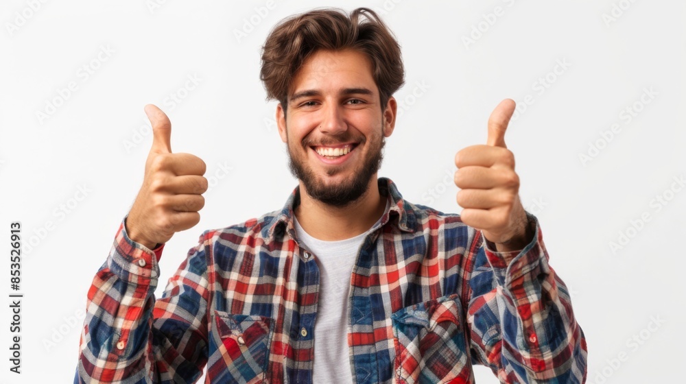 Portrait handsome man happy in a casual outfit, with his both hands showing thumbs up along with a cheerful smile on his face Portrait handsome man happy in a casual outfit, with his both hands showing thumbs up along with a cheerful smile on his face
