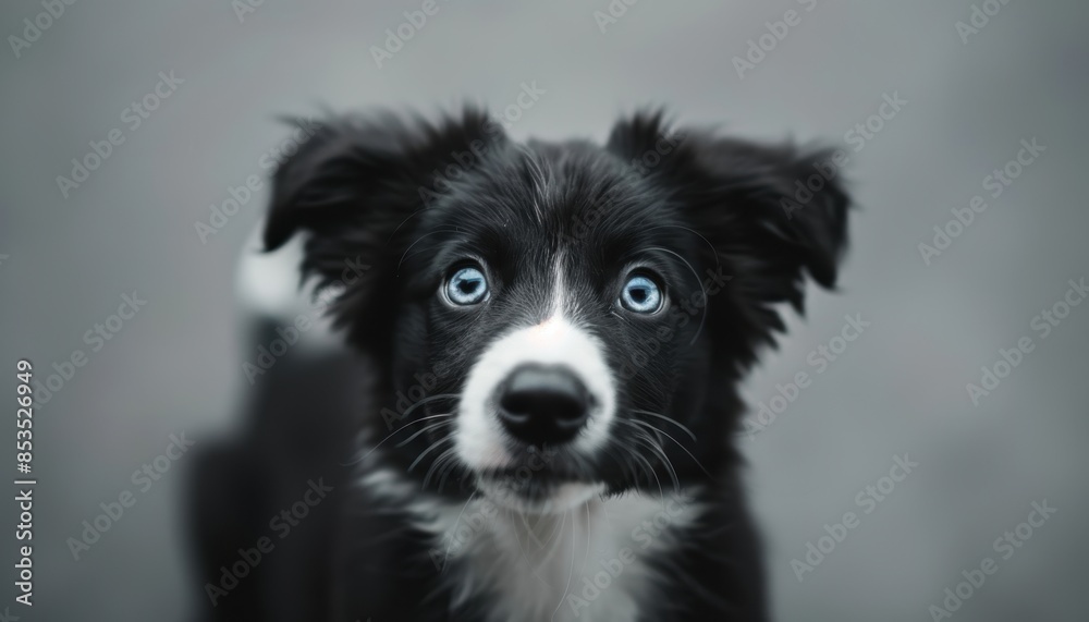 Close-up of a black and white puppy with striking blue eyes against a gray background. The puppy looks curious and attentive. Close-up of a black and white puppy with striking blue eyes against a gray background. The puppy looks curious and attentive.