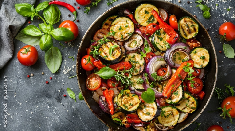 Top-down image of a pan with grilled veggies: zucchini, eggplant, cheese, tomatoes, peppers, onions, and herbs, light background Top-down image of a pan with grilled veggies: zucchini, eggplant, cheese, tomatoes, peppers, onions, and herbs, light background
