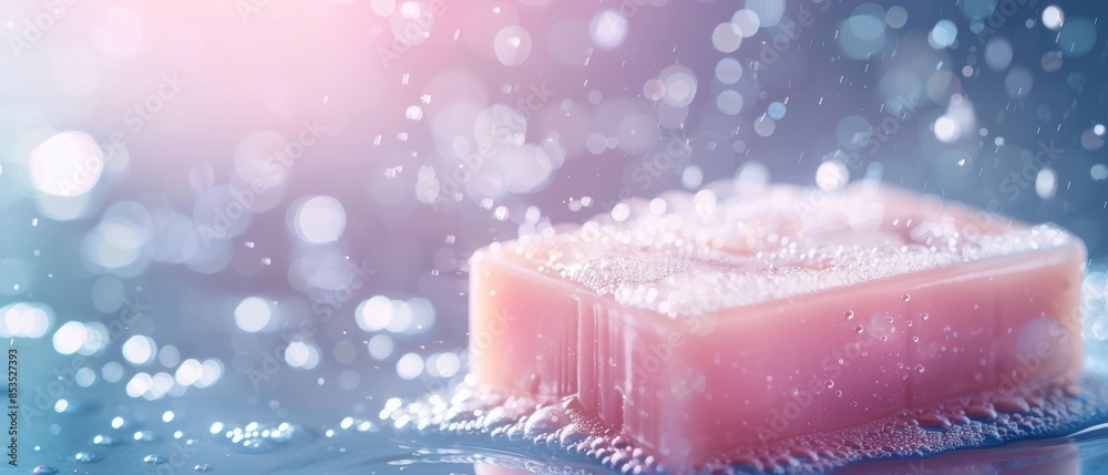 Close-up of a pink soap bar with bubbles and water splashes in a soft-focus background, creating a refreshing and clean atmosphere. Close-up of a pink soap bar with bubbles and water splashes in a soft-focus background, creating a refreshing and clean atmosphere.