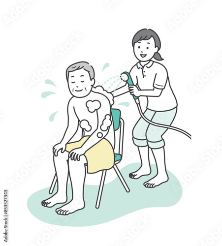 入浴介助をする介護士とシャワーを浴びる高齢男性のイラスト