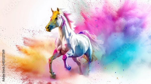 Laughing Horse Delighted with Holi Colors on Its Mane Isolated on white Background