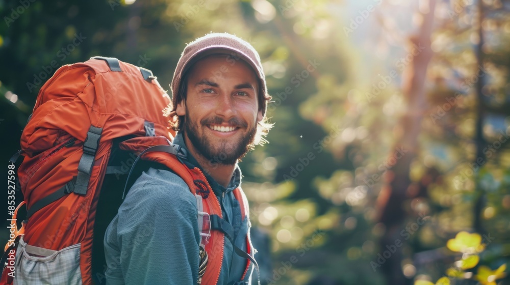 Portrait, sunshine and hiking with man, fitness and journey with nature, smile and getaway trip. Wellness, person and hiker Portrait, sunshine and hiking with man, fitness and journey with nature, smile and getaway trip. Wellness, person and hiker