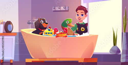 Boy washing pets in bathroom. Vector cartoon illustration of happy child taking care of puppy, kitten, duck, toy submarine and crab in foamy bath, friends having fun together at home, animal adoption
