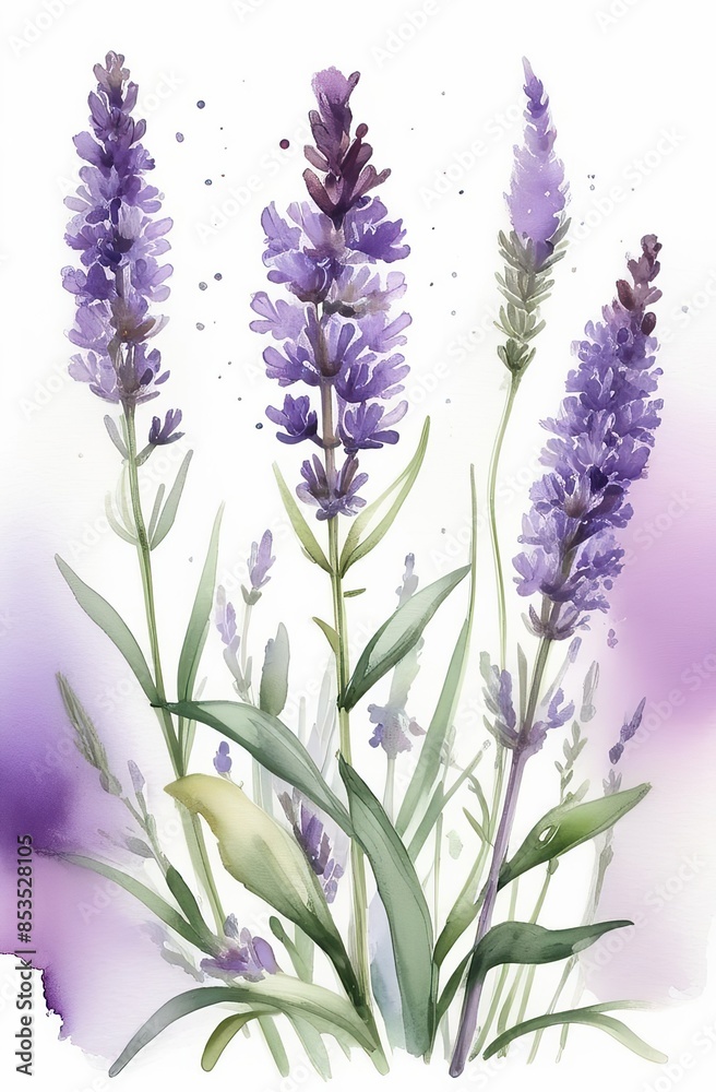 Naklejka premium Lavender watercolor background. Delicate flower bouquet on a white background. Spring-summer banner template