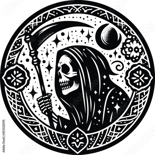 grim reaper in silhouete with bohemian nature pattern illustration