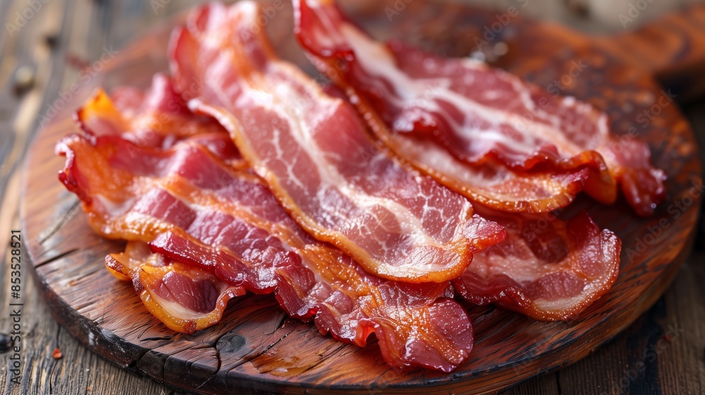 Crispy Cooked Bacon Strips on Wooden Board - Delicious Breakfast Food, Savory Meat, Perfect for Recipes and Culinary Presentations Crispy Cooked Bacon Strips on Wooden Board - Delicious Breakfast Food, Savory Meat, Perfect for Recipes and Culinary Presentations