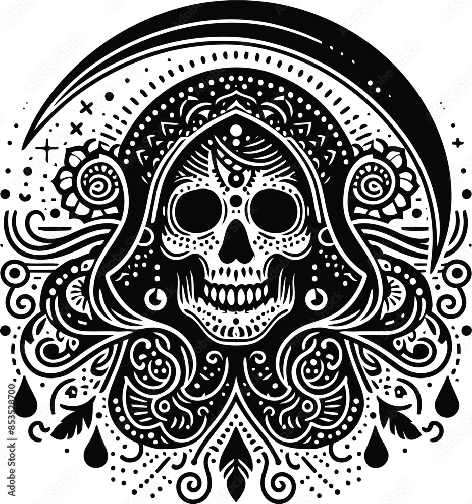 grim reaper in silhouete with bohemian nature pattern illustration grim reaper in silhouete with bohemian nature pattern illustration