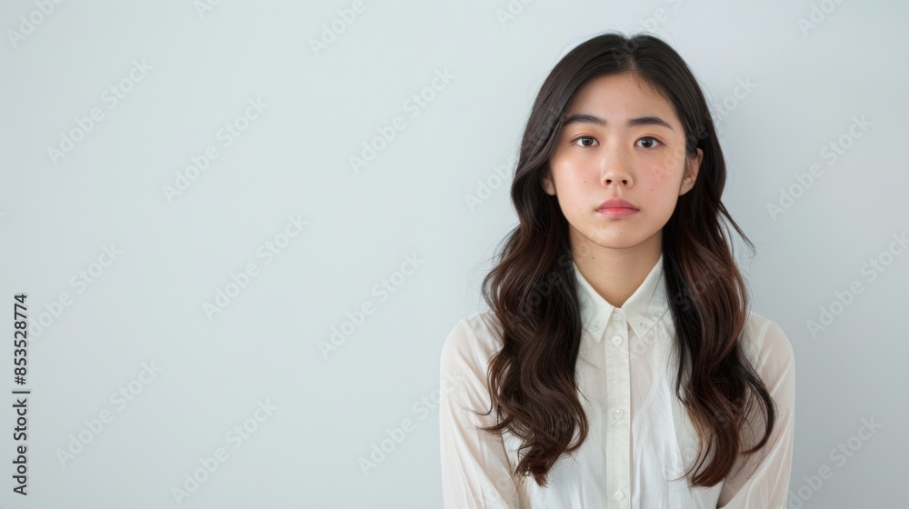 sad office girl, asian woman sulking and frowning disappointed, standing upset and distressed against white background sad office girl, asian woman sulking and frowning disappointed, standing upset and distressed against white background