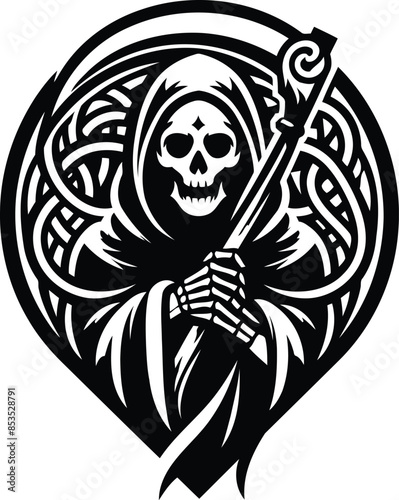 grim reaper in silhouete with celtic knot pattern illustration