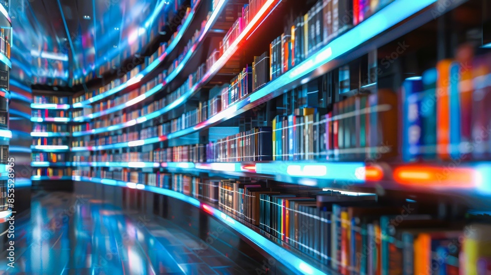 Futuristic library with neon lights and rows of books, creating a high-tech, modern atmosphere. Shelves glowing with vibrant colors. Futuristic library with neon lights and rows of books, creating a high-tech, modern atmosphere. Shelves glowing with vibrant colors.