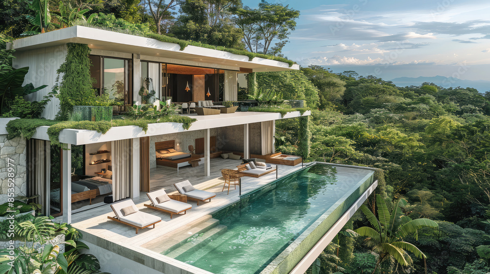 Modern luxury bungalow in the jungle, with green roof and white walls, aerial view, sunny day, poolside loungers on stone platform, lush garden, blue sky. Generative AI. Modern luxury bungalow in the jungle, with green roof and white walls, aerial view, sunny day, poolside loungers on stone platform, lush garden, blue sky. Generative AI.