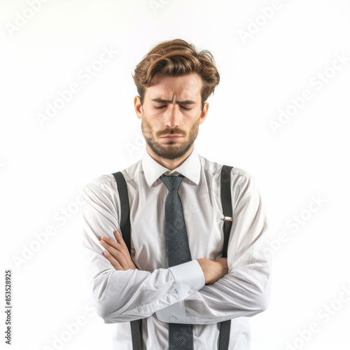 sad office, man sulking and frowning disappointed, standing upset and distressed against white background