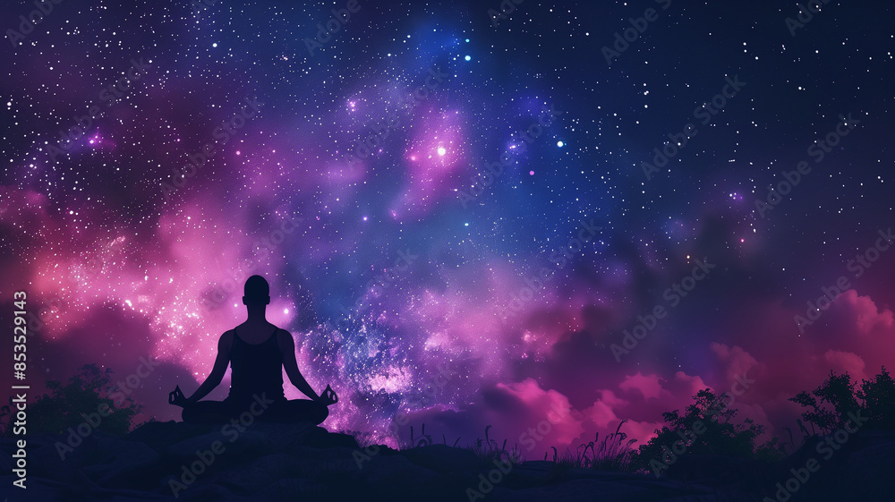 A person meditating under the stars, with the Milky Way visible in the sky above them. A person meditating under the stars, with the Milky Way visible in the sky above them.